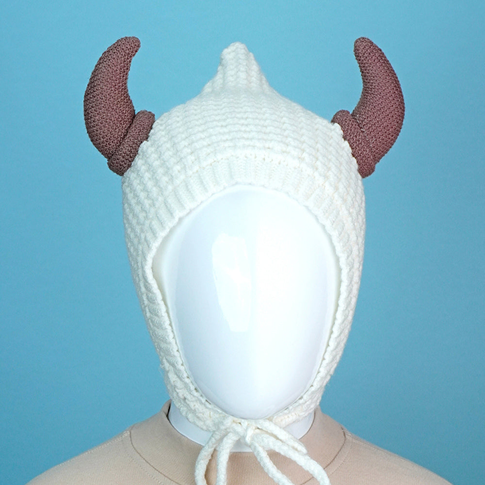 Little Surprise Box White Baby Horns Knitted Soft Woolen Winter Cap With Tie Up 6-18 Months