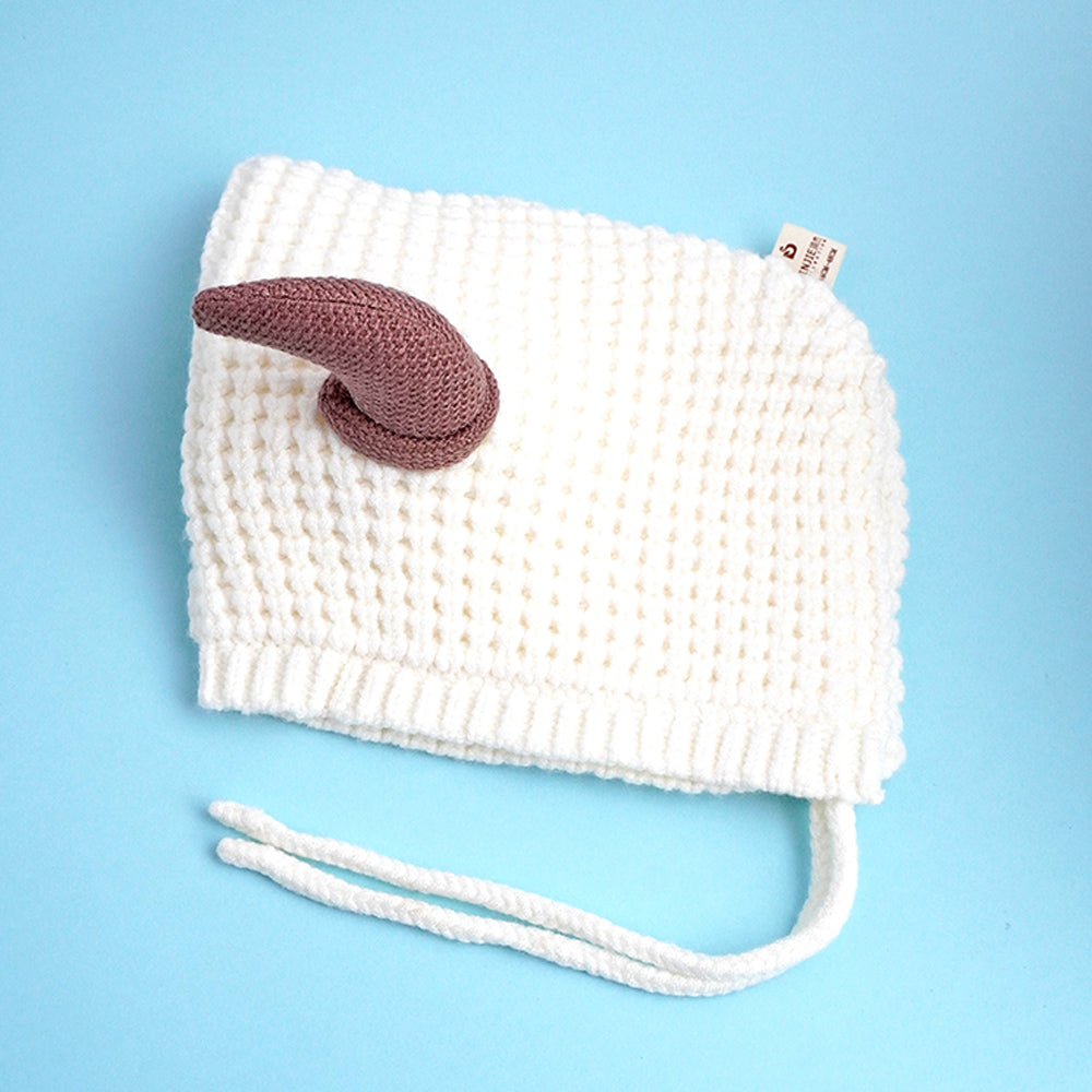 Little Surprise Box White Baby Horns Knitted Soft Woolen Winter Cap With Tie Up 6-18 Months