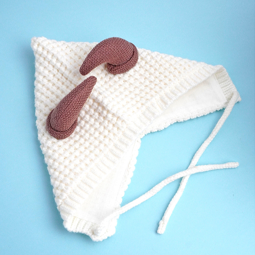 Little Surprise Box White Baby Horns Knitted Soft Woolen Winter Cap With Tie Up 6-18 Months