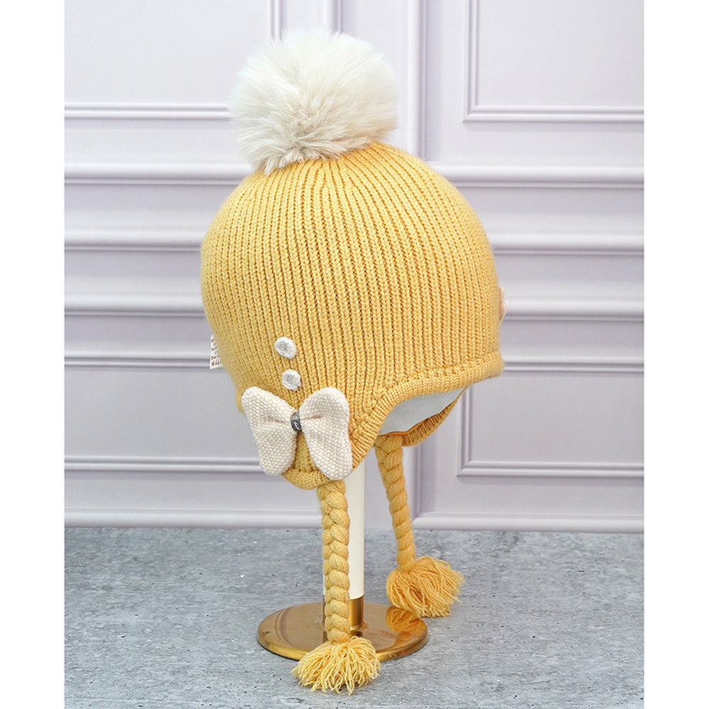 Little Surprise Box Yellow Butterfly Knitted Soft Woolen Winter Cap With Tie Up 6-18 Months