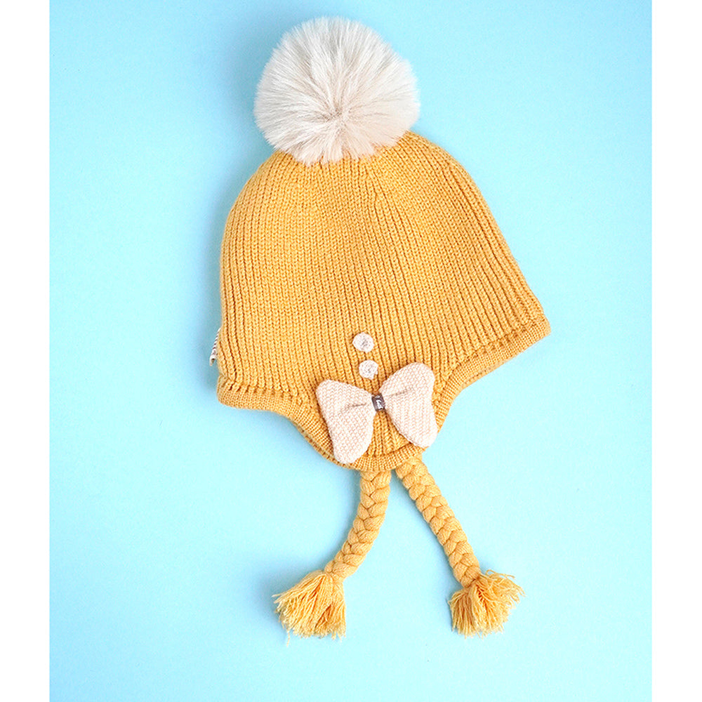 Little Surprise Box Yellow Butterfly Knitted Soft Woolen Winter Cap With Tie Up 6-18 Months