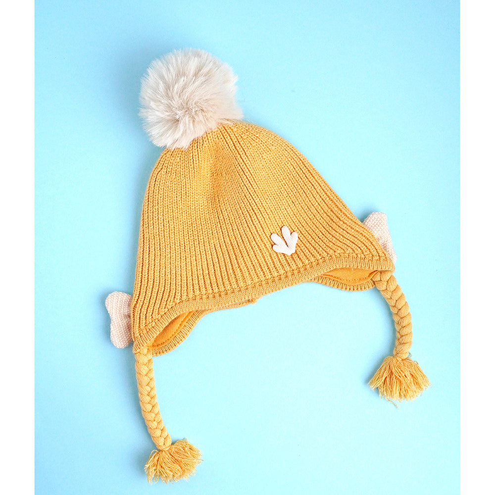 Little Surprise Box Yellow Butterfly Knitted Soft Woolen Winter Cap With Tie Up 6-18 Months