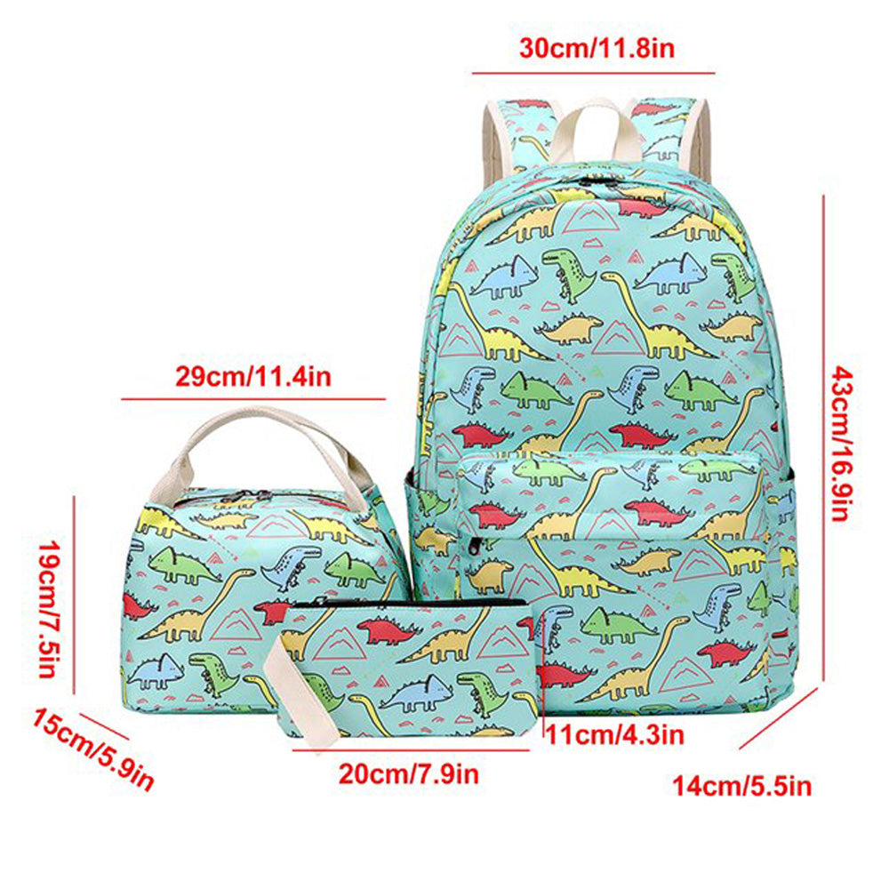 Dino Park 3 Pcs Matching Backpack With Lunch Bag & Stationery Pouch, Mint Green