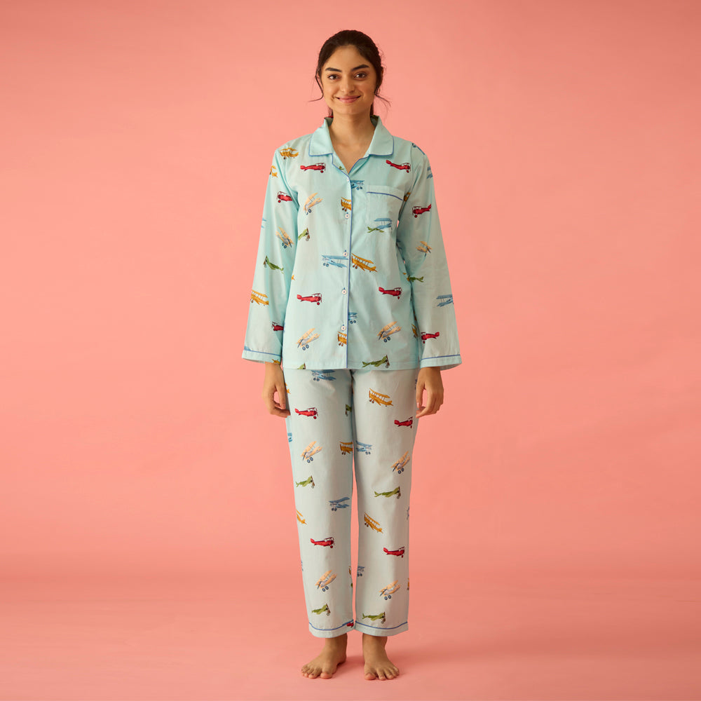 Women Vintage Planes Sky Blue Pajama Set