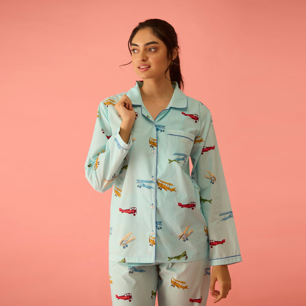 Women Vintage Planes Sky Blue Pajama Set