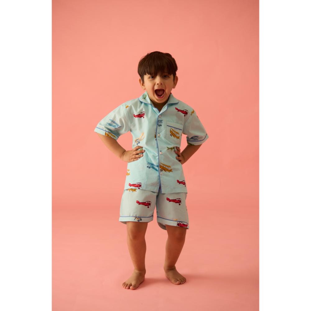 Vintage Planes Sky Blue Shorts Set For Kids