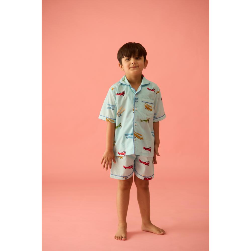 Vintage Planes Sky Blue Shorts Set For Kids