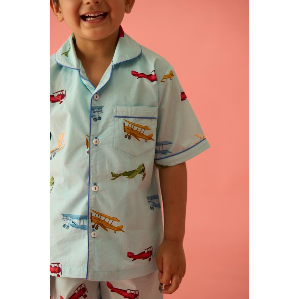 Vintage Planes Sky Blue Shorts Set For Kids