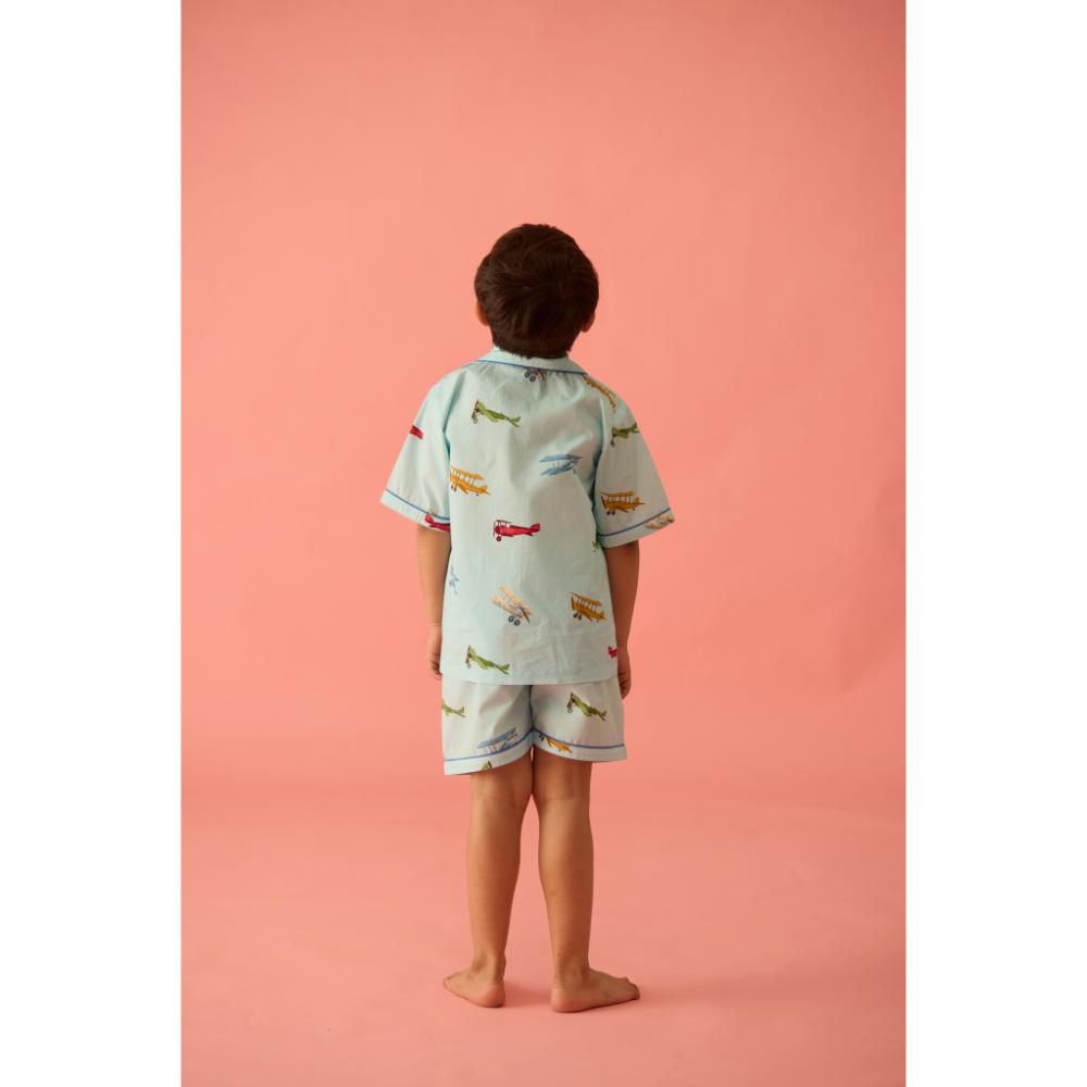 Vintage Planes Sky Blue Shorts Set For Kids