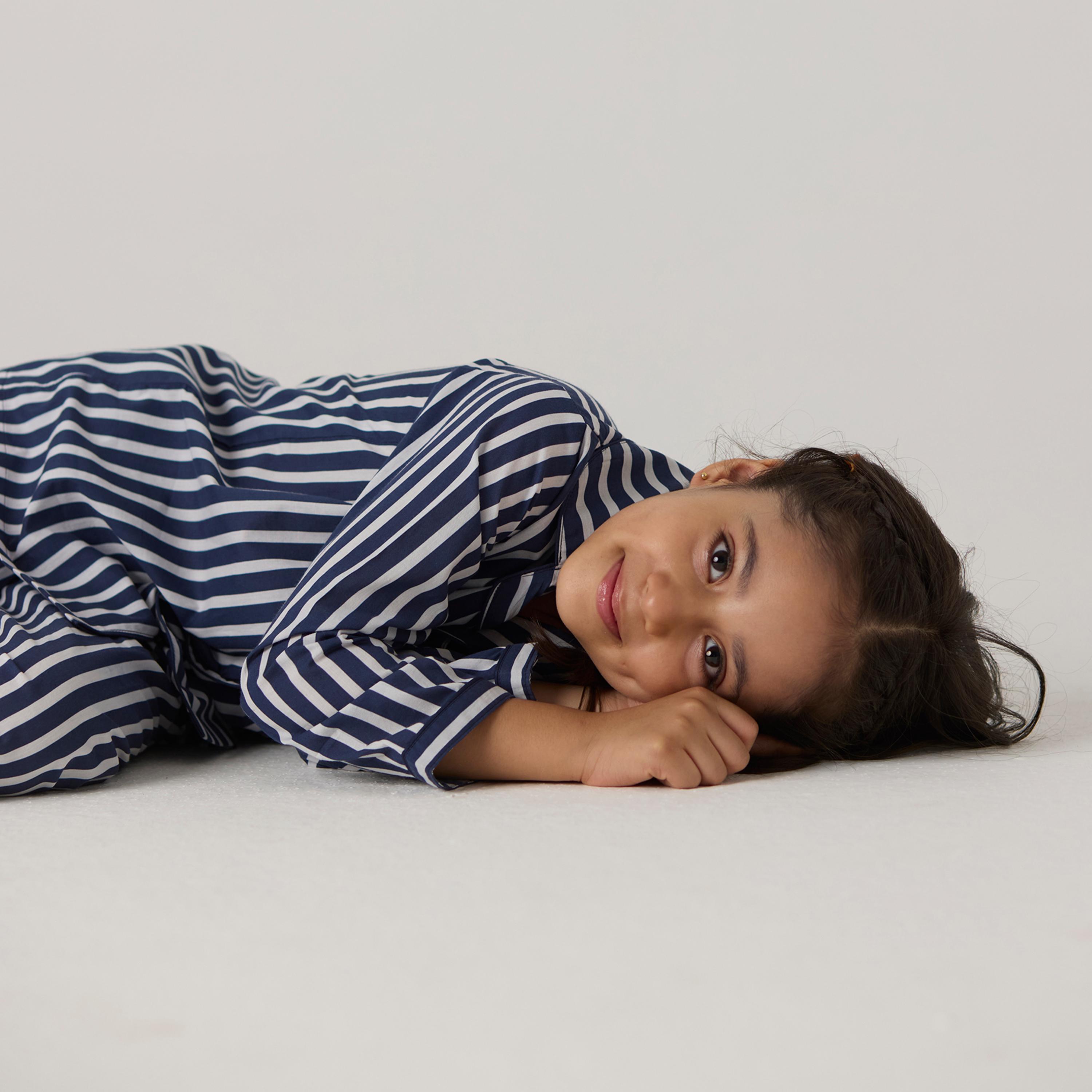 Navy Bold Striped Pajama Set For Kids