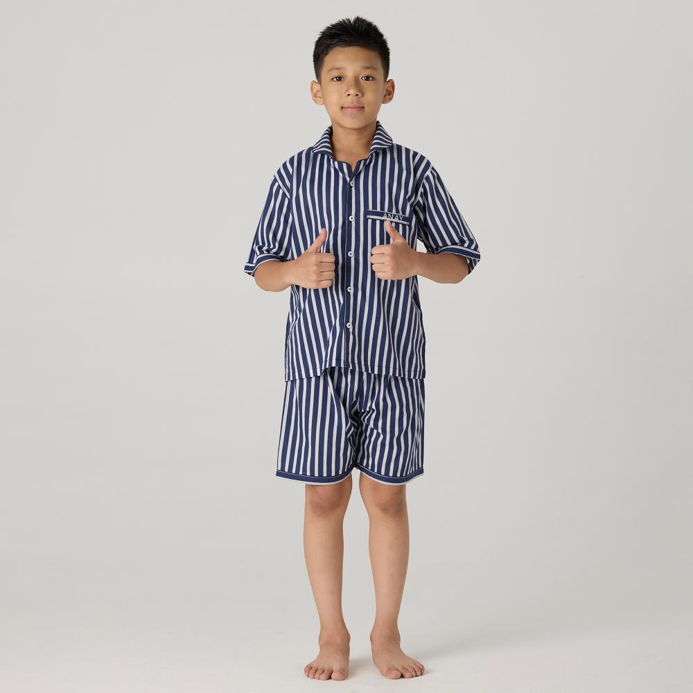 Navy Bold Striped Shorts Set For Kids