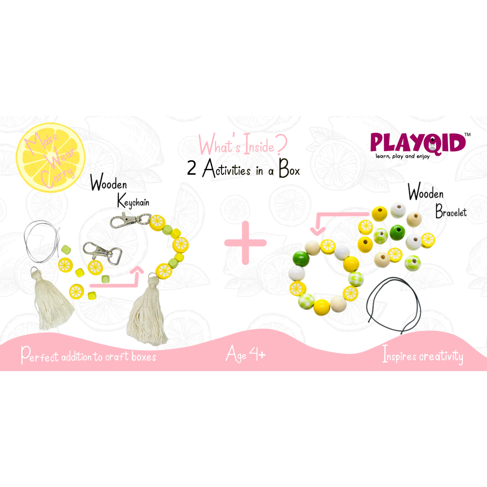 Playqid DIY Lemon charm bracelets and keychain making kit for kids with wooden beads | Make your own fruit themed Accessories | Summer Art & Craft party activity box for ages 4-99 years…
