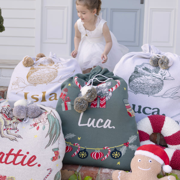 May Gibbs Santa Sack - Base: Forest Green Letter: Ivory