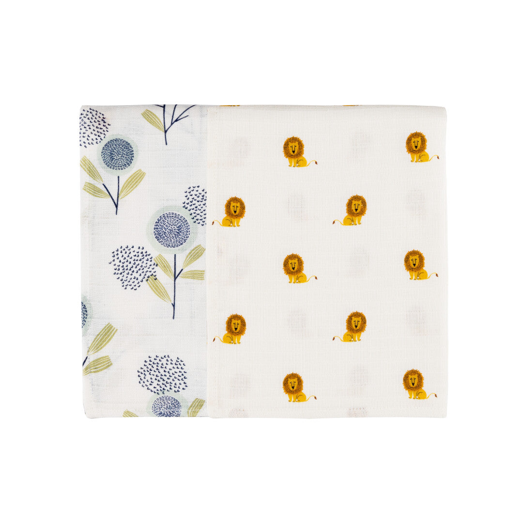 Dulaar Organic Muslin Multipurpose Cloth (Set of 2) - The Sparrow and Flower + Just Lion Around