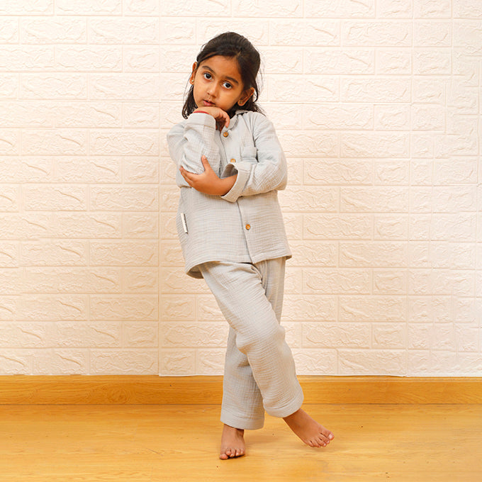 Crinkled Muslin Night Suits - Grey (Full / Half Sleeves / Winter)