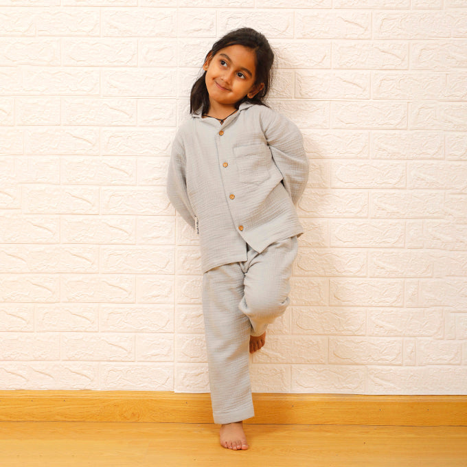 Crinkled Muslin Night Suits - Grey (Full / Half Sleeves / Winter)