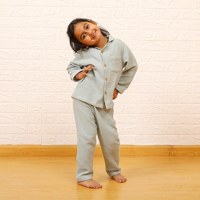 Crinkled Muslin Night Suits - Sage Green (Full / Half Sleeves / Winter)