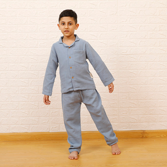 Crinkled Muslin Night Suits - Steel Blue (Full / Half Sleeves / Winter)