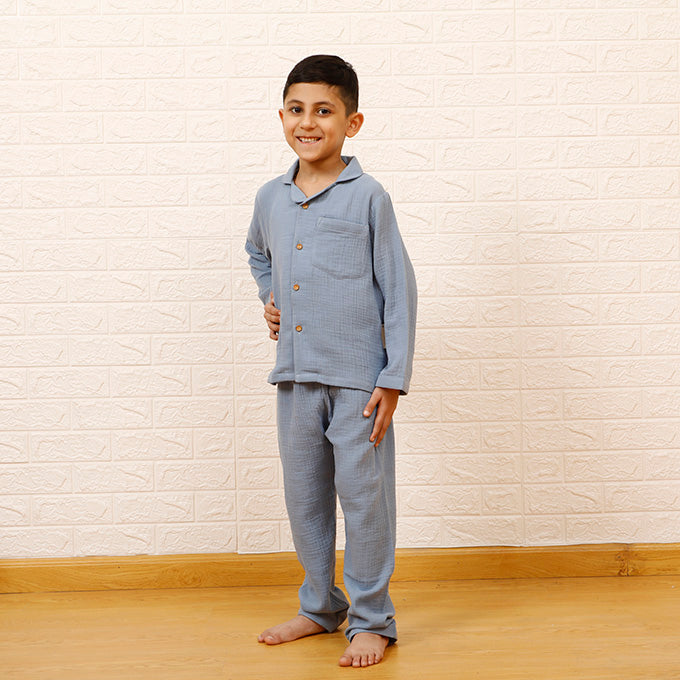 Crinkled Muslin Night Suits - Steel Blue (Full / Half Sleeves / Winter)