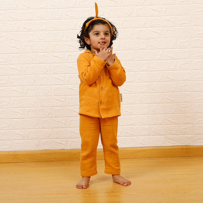 Crinkled Muslin Night Suits - Mustard (Full / Half Sleeves / Winter)