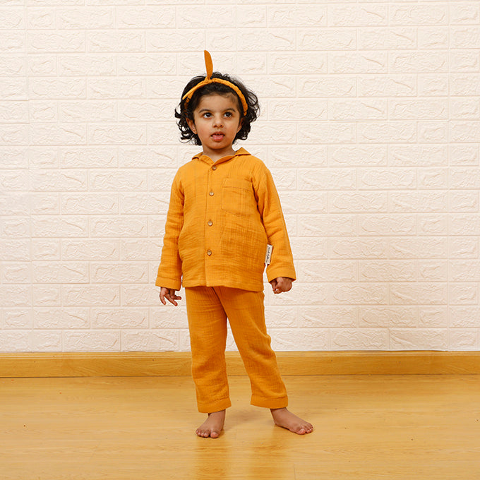 Crinkled Muslin Night Suits - Mustard (Full / Half Sleeves / Winter)