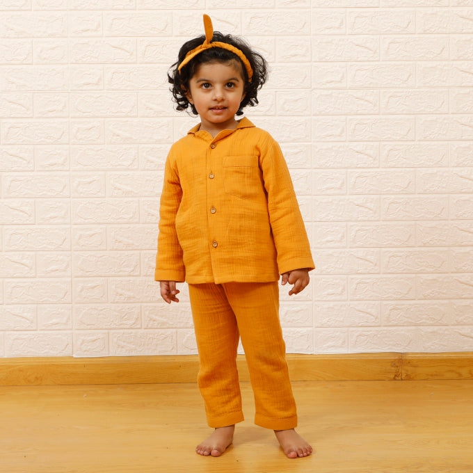 Crinkled Muslin Night Suits - Mustard (Full / Half Sleeves / Winter)