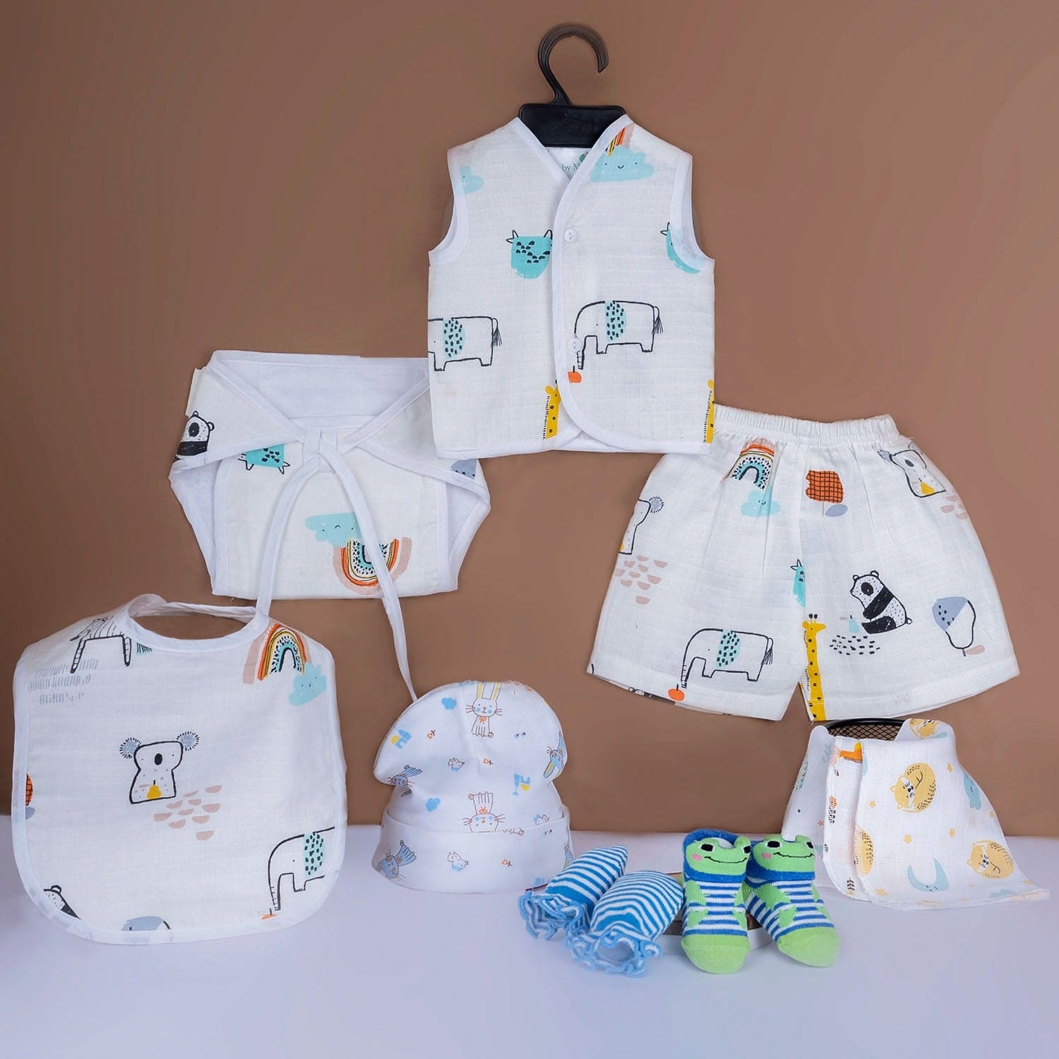 Baby Moo Wild Animal Print Infant Essentials 10 Pcs Muslin Clothing Gift Set - Multicolour