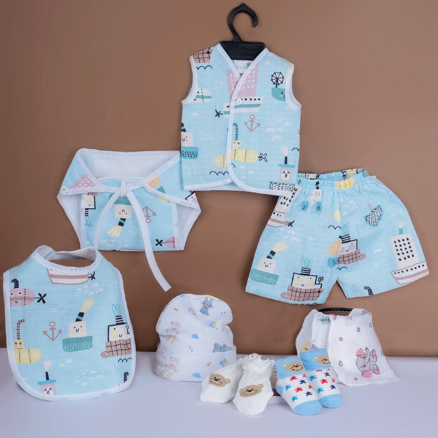 Baby Moo Submarine Print Infant Essentials 10 Pcs Muslin Clothing Gift Set - Multicolour