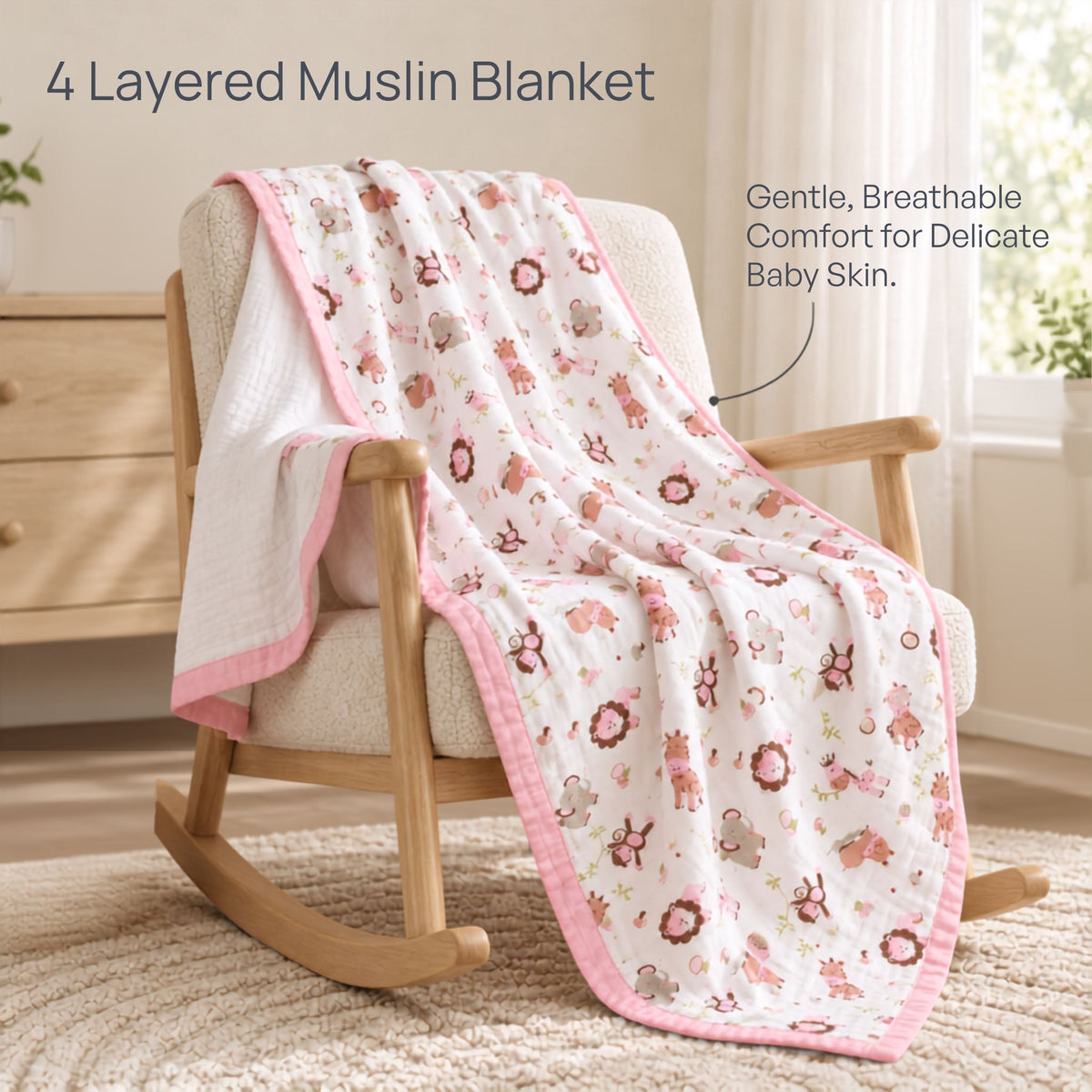 My Milestones 100% Cotton Muslin Baby Blanket - 4 Layered (43x43 Inches) - Zoo Print