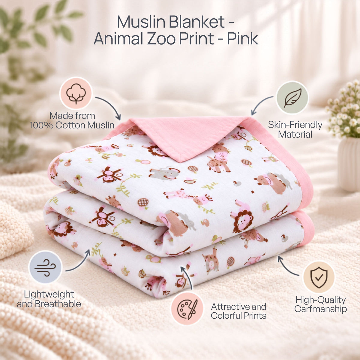 My Milestones 100% Cotton Muslin Baby Blanket - 4 Layered (43x43 Inches) - Zoo Print