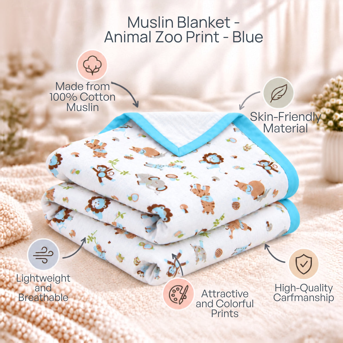 My Milestones 100% Cotton Muslin Baby Blanket - 4 Layered (43x43 Inches) - Zoo Print