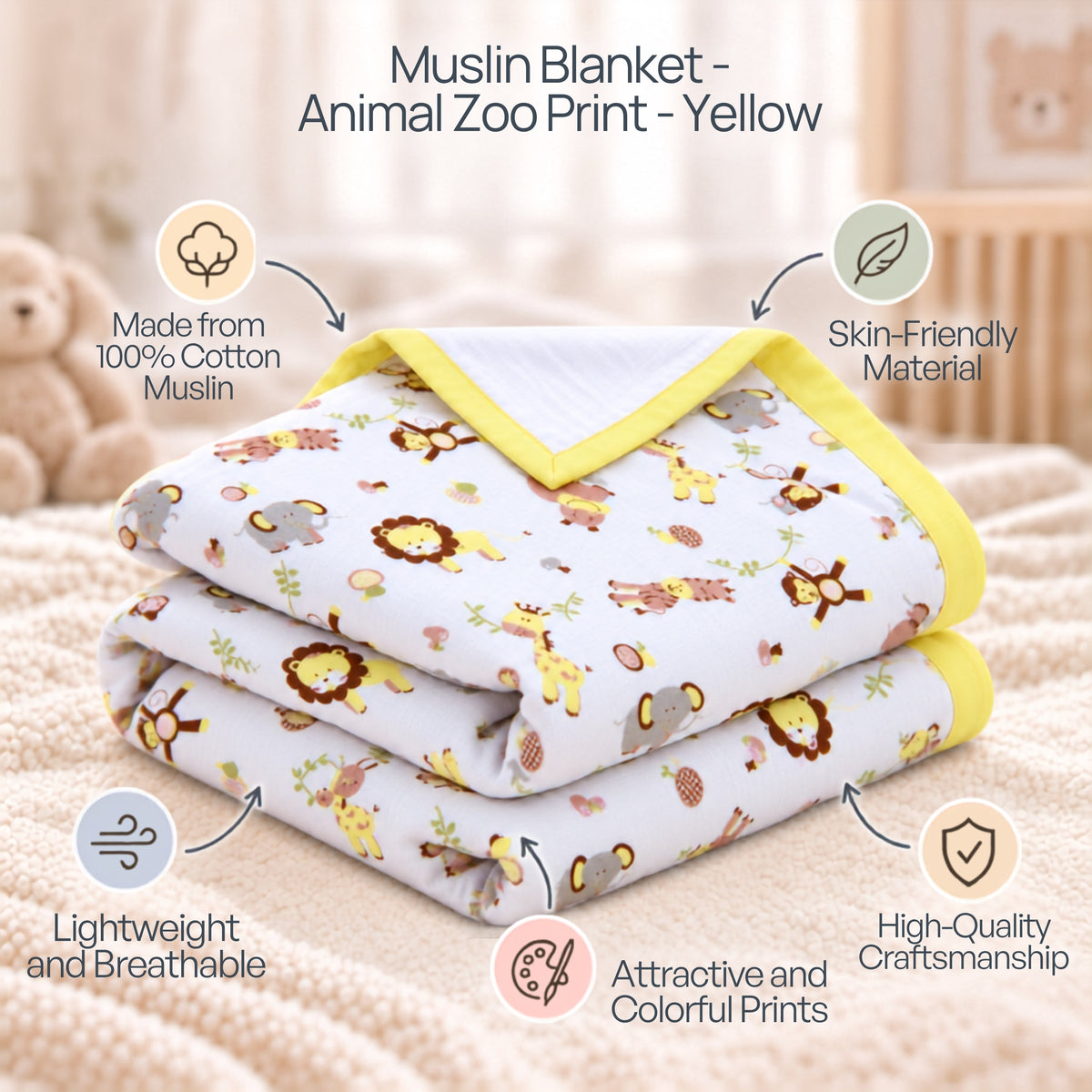My Milestones 100% Cotton Muslin Baby Blanket - 4 Layered (43x43 Inches) - Zoo Print