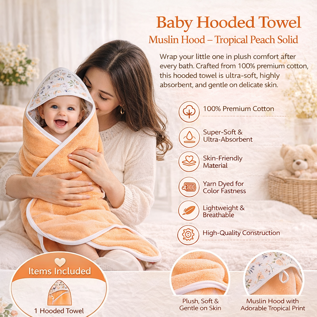 Premium Baby Hooded Towel with Muslin Hood - Soft and Lightweight