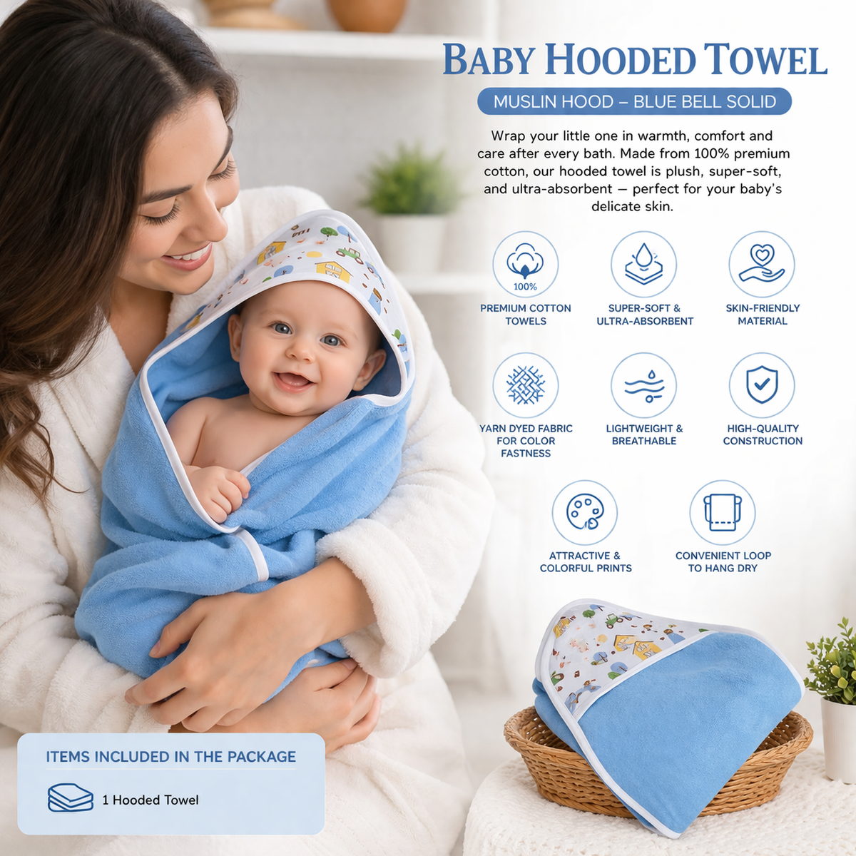 Premium Baby Hooded Towel with Muslin Hood - Soft and Lightweight