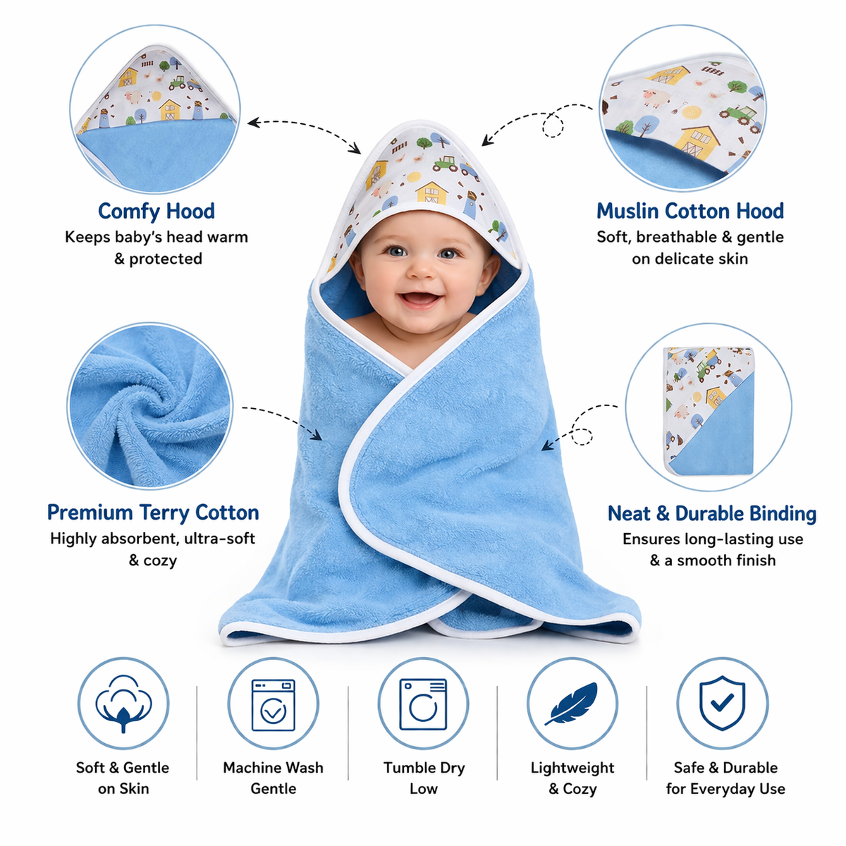Premium Baby Hooded Towel with Muslin Hood - Soft and Lightweight