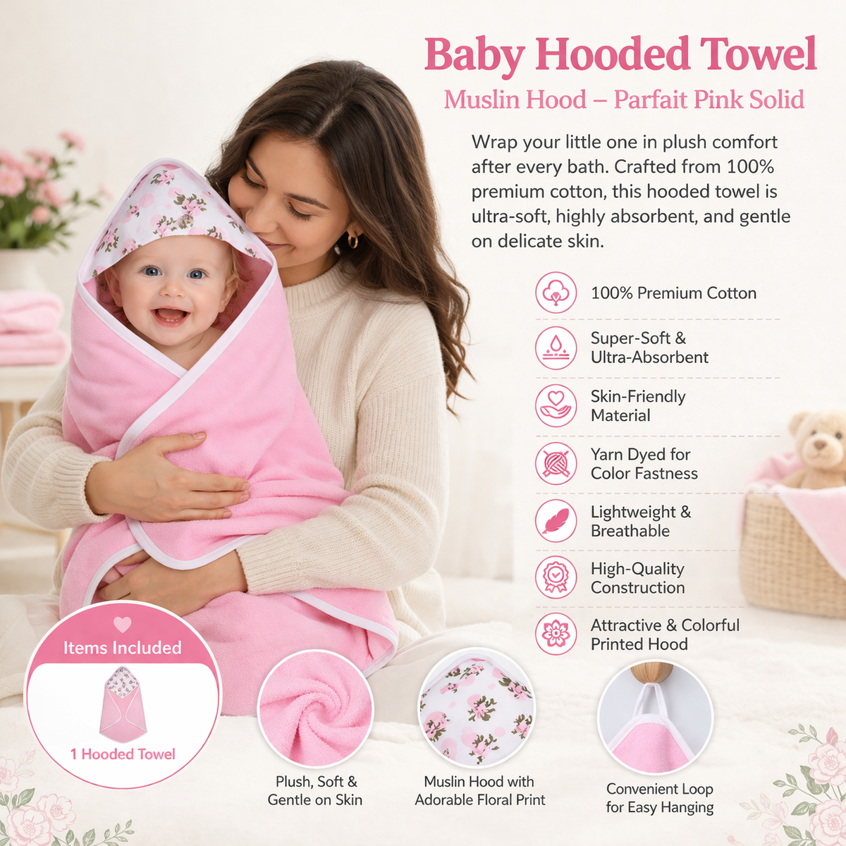Premium Baby Hooded Towel with Muslin Hood - Soft and Lightweight