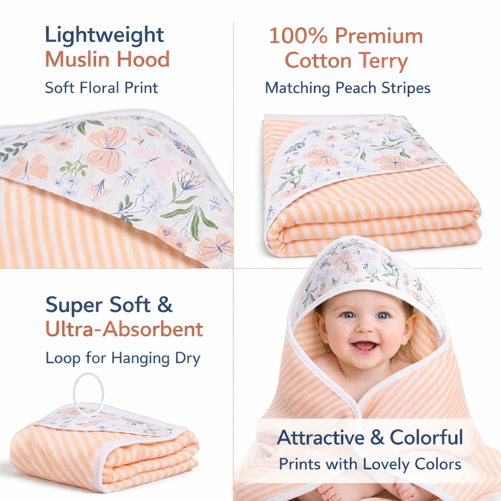 Premium Baby Hooded Towel with Muslin Hood - Soft and Lightweight