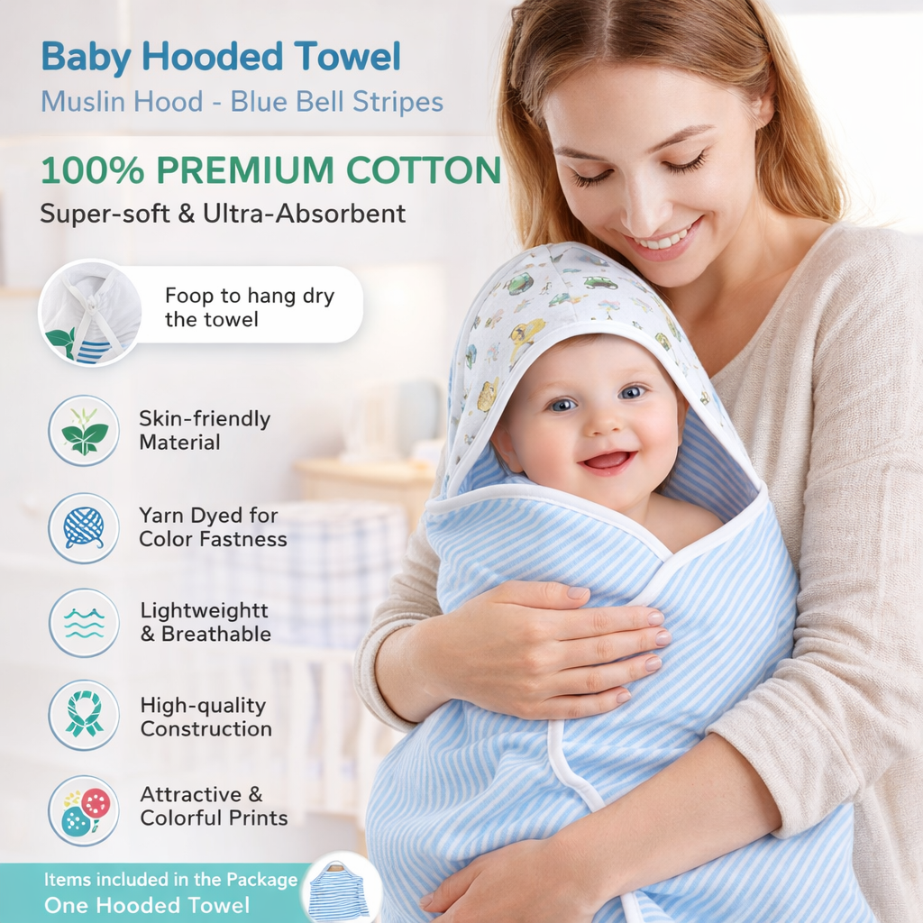 Premium Baby Hooded Towel with Muslin Hood - Soft and Lightweight