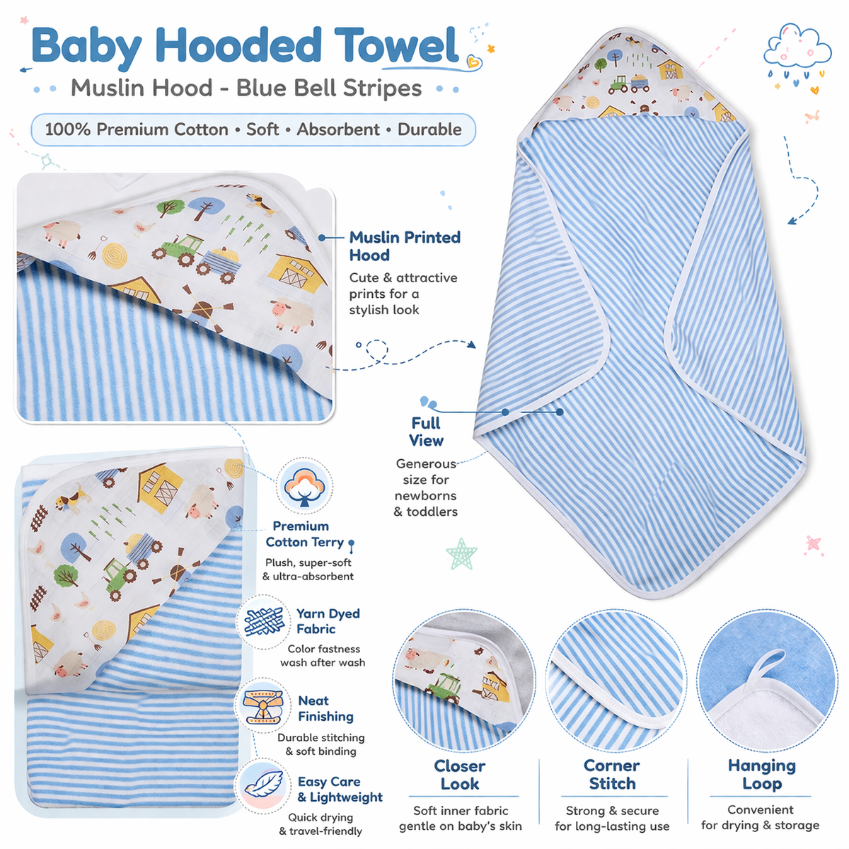 Premium Baby Hooded Towel with Muslin Hood - Soft and Lightweight
