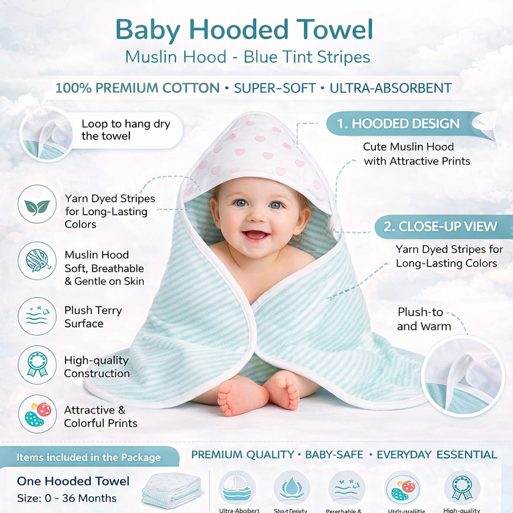 Premium Baby Hooded Towel with Muslin Hood - Soft and Lightweight