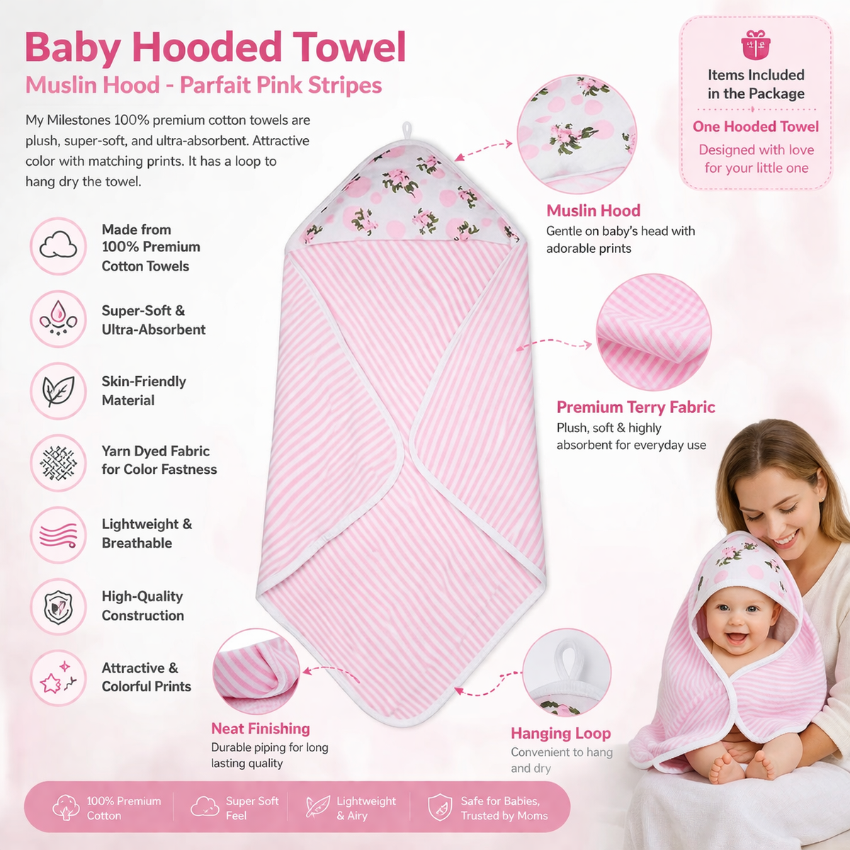 Premium Baby Hooded Towel with Muslin Hood - Soft and Lightweight