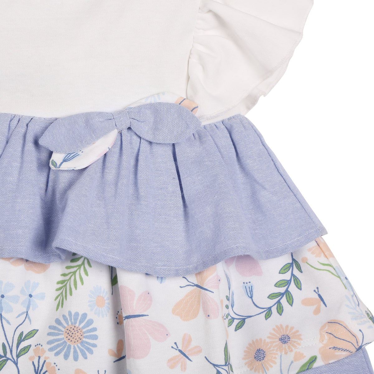 Milena Short-Sleeves Tiered Dress With A Mix Of Chambray & Enchanted Flora Print - Multi