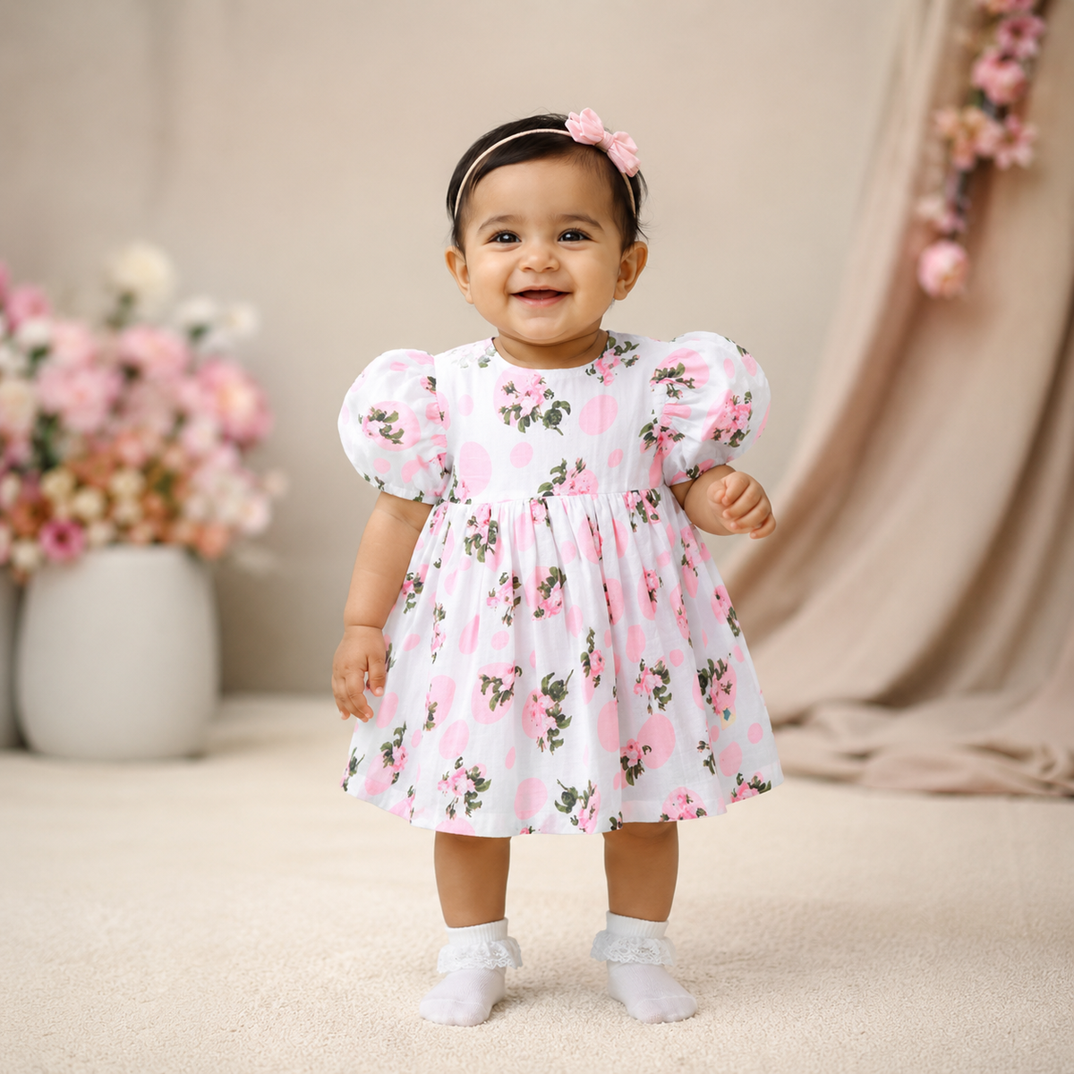 Blossom Tea Rose Puff Sleeves Muslin Dress - White