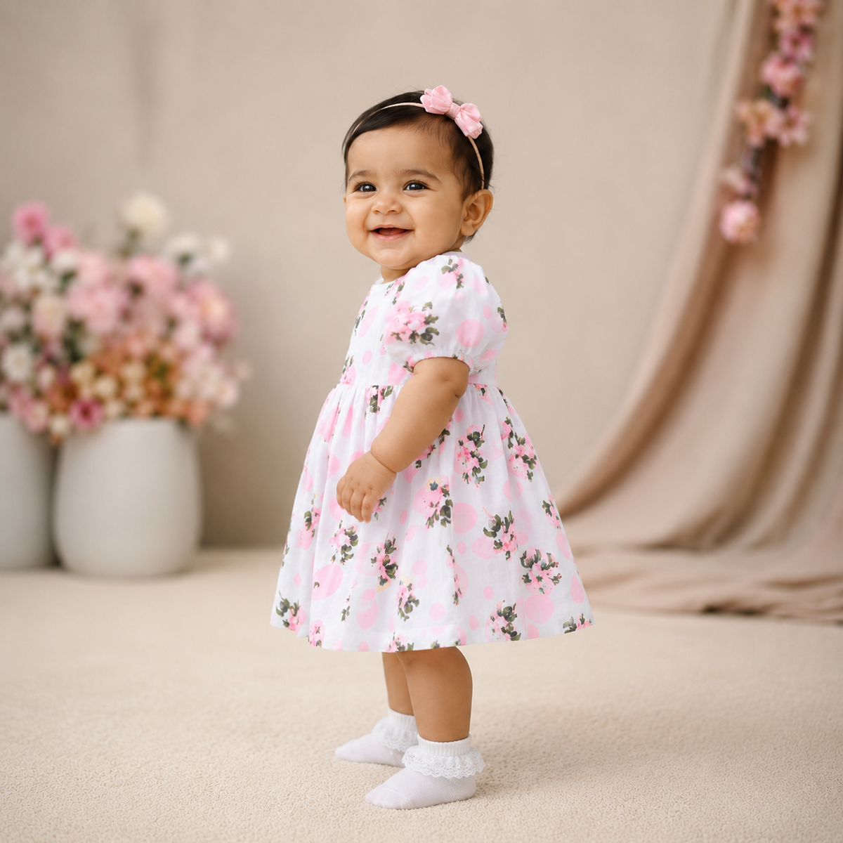 Blossom Tea Rose Puff Sleeves Muslin Dress - White