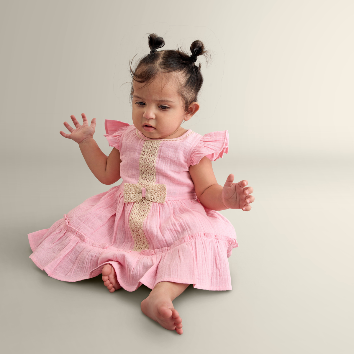 Sophie Double Cloth Tiered Dress With Crochet Details - Pink