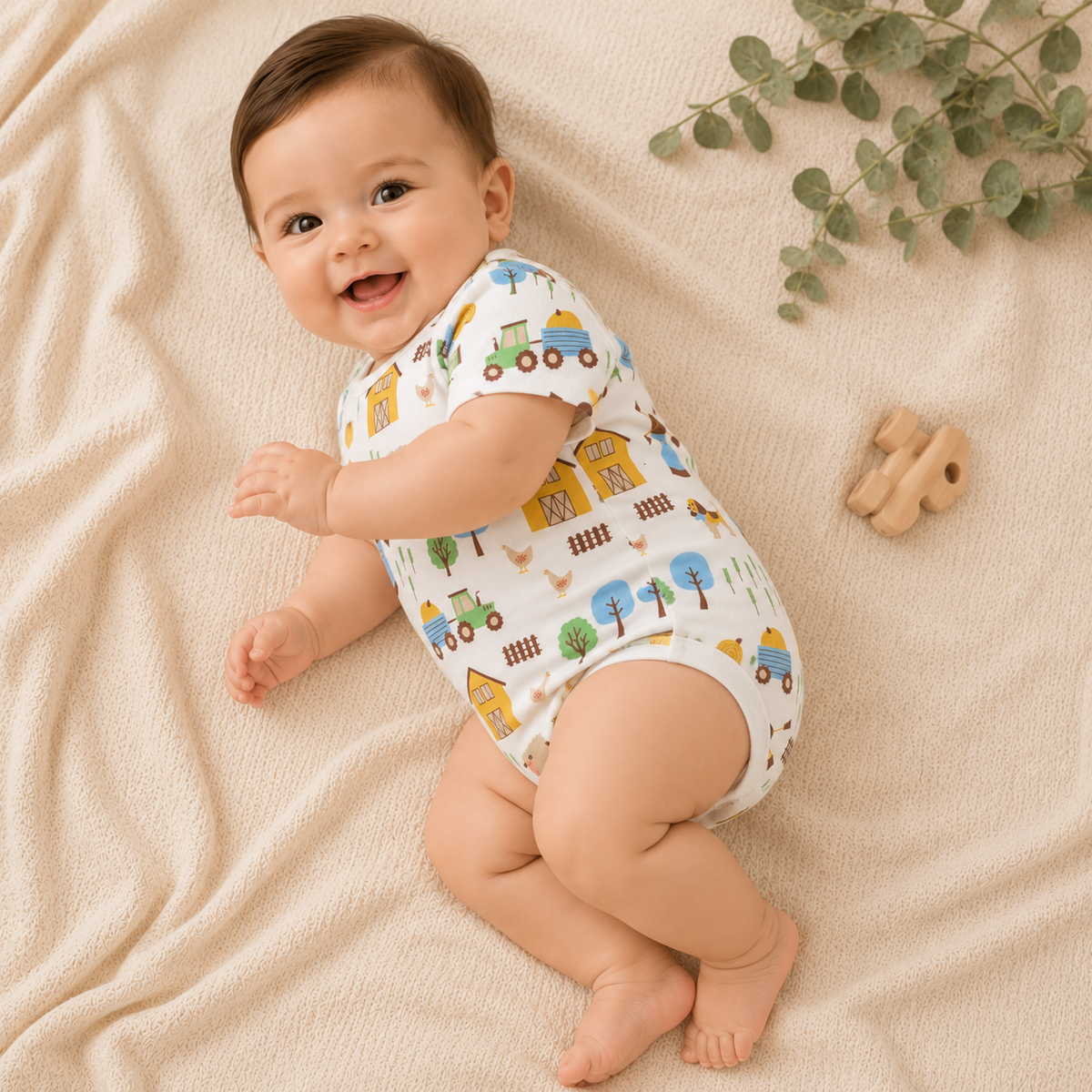 Baby Boy Barnyard Print Half Sleeves Onesie - White