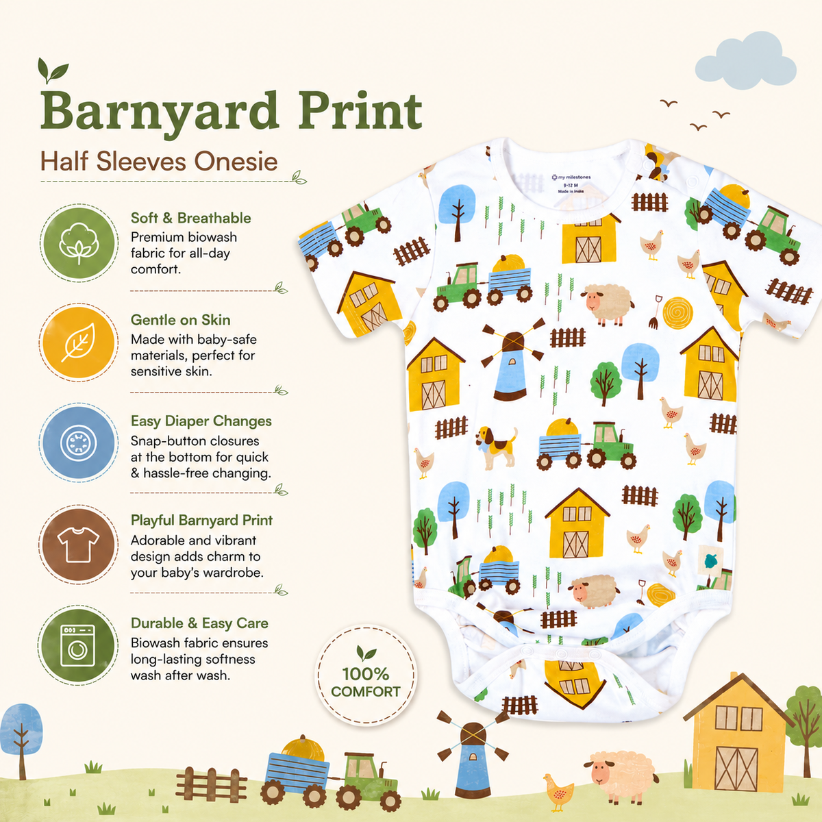 Baby Boy Barnyard Print Half Sleeves Onesie - White