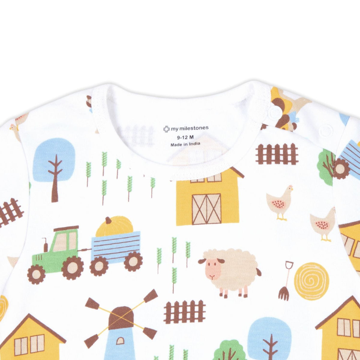 Baby Boy Barnyard Print Half Sleeves Onesie - White