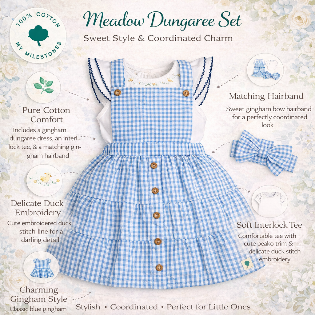 Meadow 100% Cotton Gingham Seersucker Dungaree with Knit Embroidered Tee & Peako Detail, Matching Hairband 3 PC Set - Blue & White