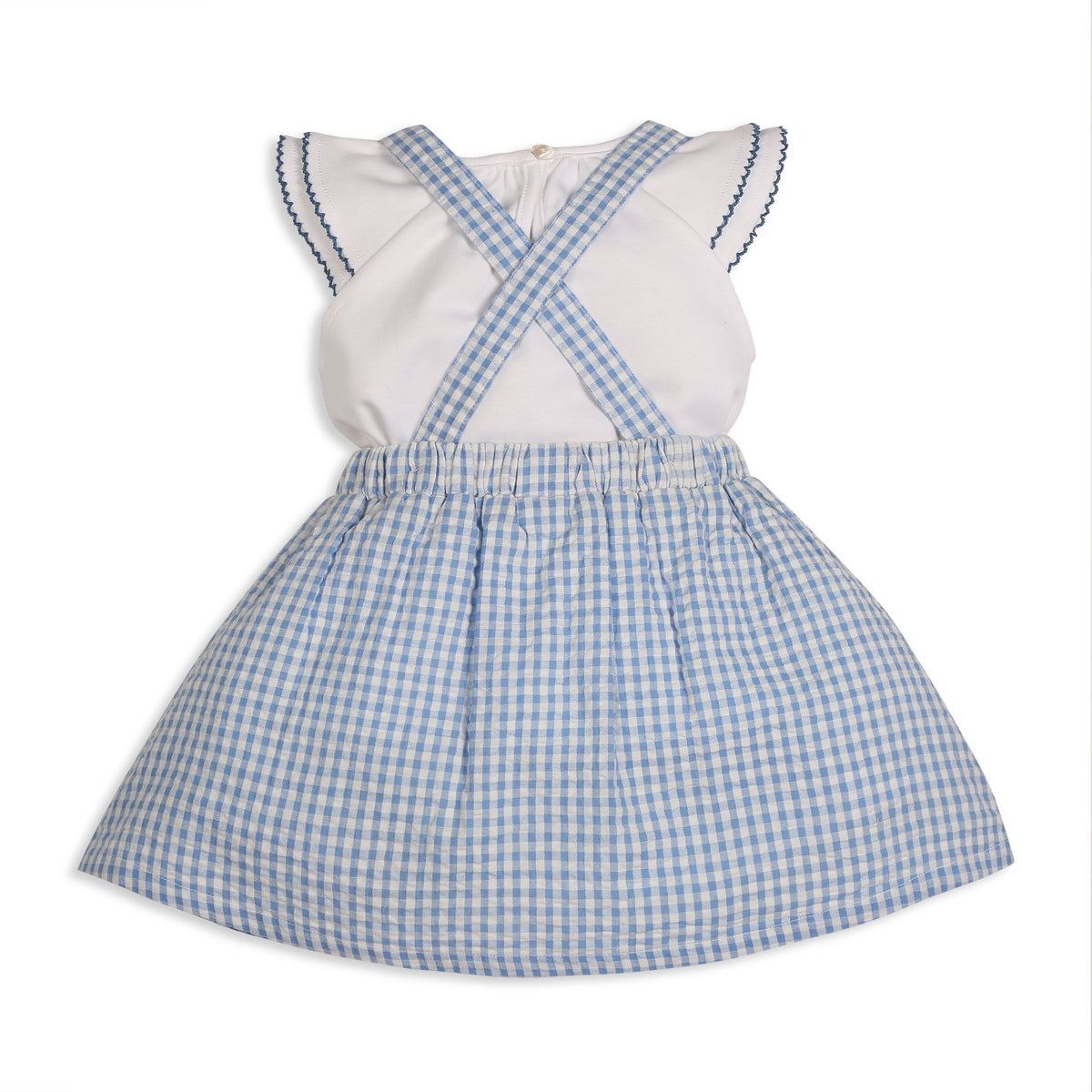 Meadow 100% Cotton Gingham Seersucker Dungaree with Knit Embroidered Tee & Peako Detail, Matching Hairband 3 PC Set - Blue & White